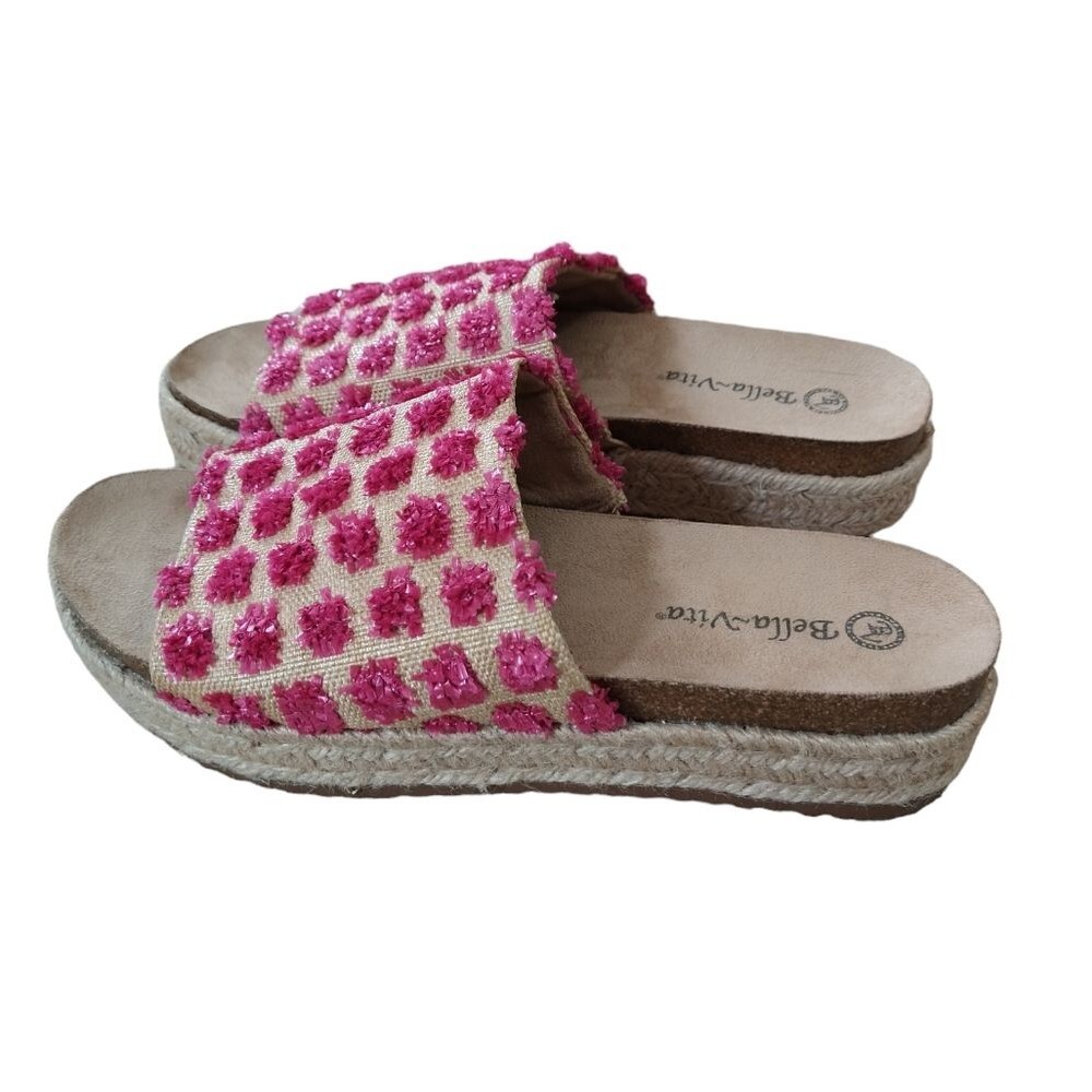 New Bella Vita Woman's Raffia Flatform Espadrilles Pink Poms Size 8 Wide Wide